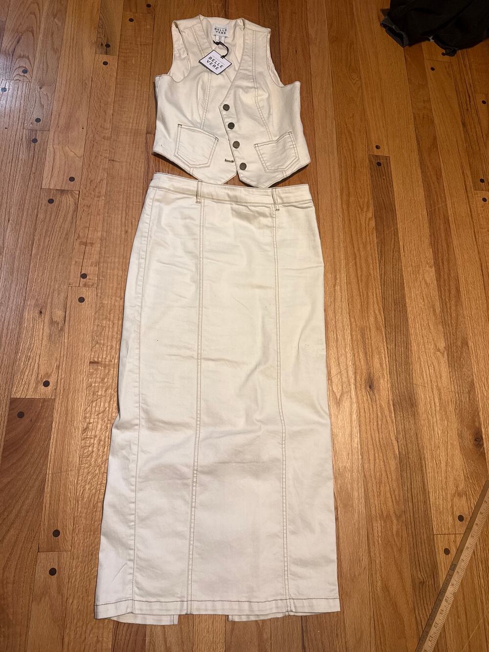 NEW Belle Vere Cream Denim Vest Maxi Pencil Skirt 2 Piece Set Women S NWT